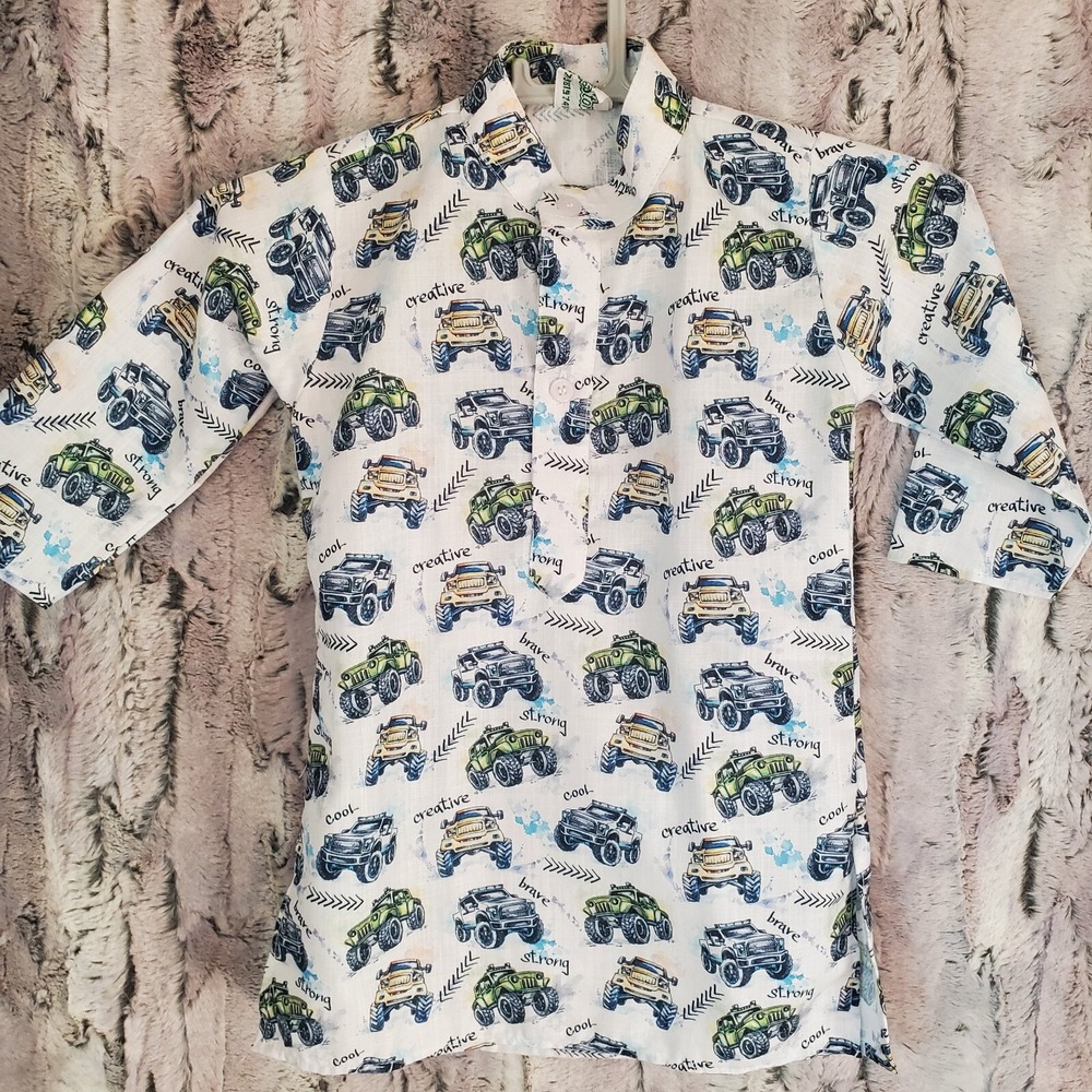 Kids Muslim Jilbab‎ Thobe Short Sleeve Kaftan Robe - Monster Trucks - Long Top
